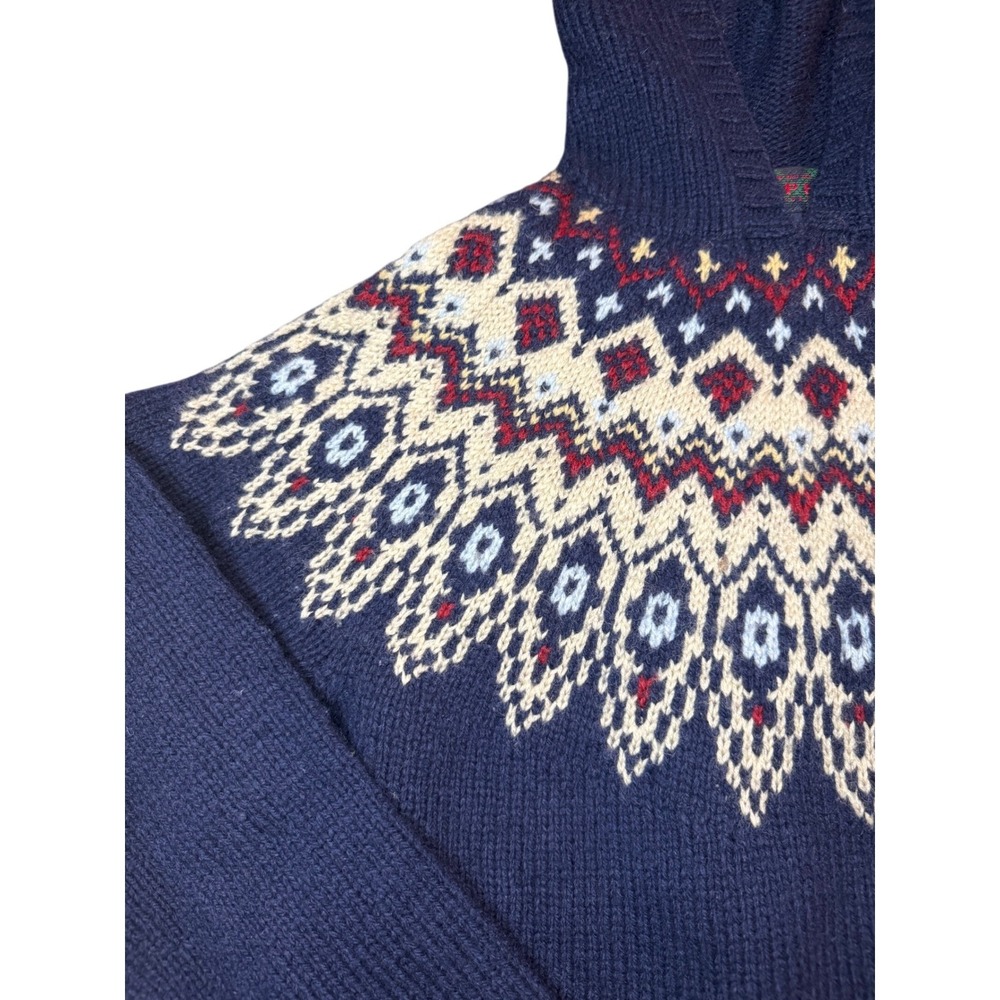 Vintage Ralph Lauren Hand Knit Fair Isle Hoodie Womens M Navy Wool Sweater - Picture 4 of 14